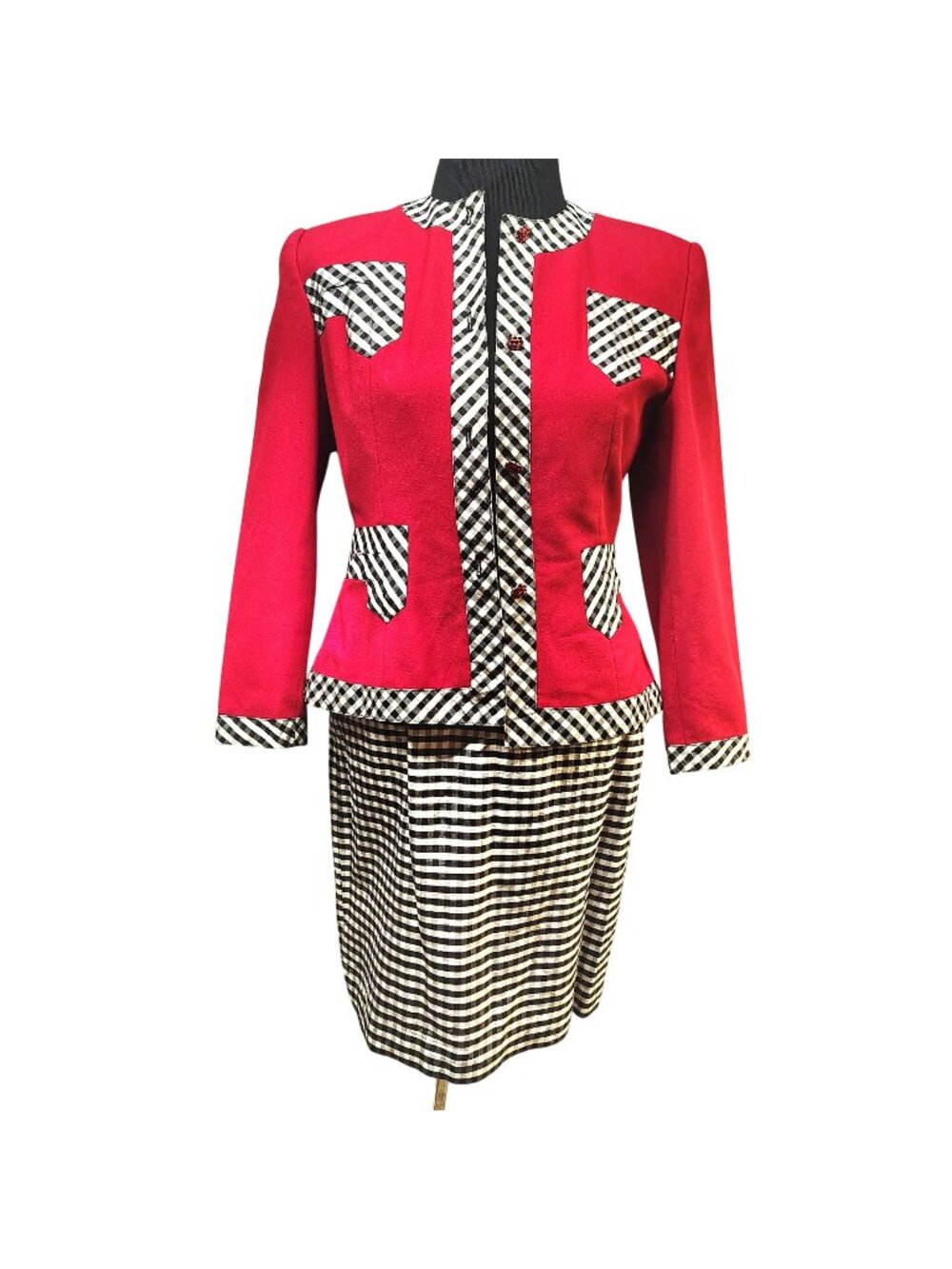 Portrait Silk Skirt Suit Red Collarless Blazer Gingham Check Dress 2pc Set #580